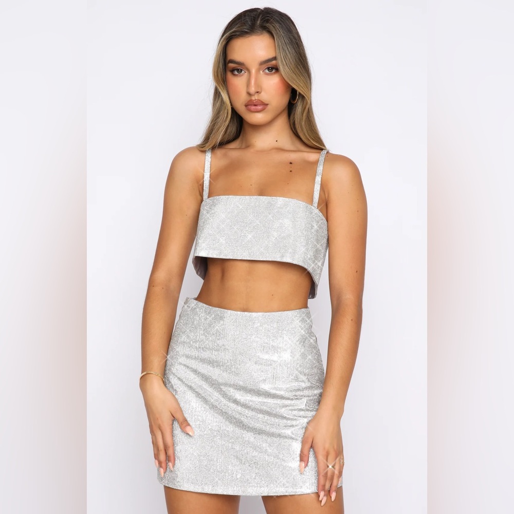 XS/S White Fox breathtaking crop silver rhinestone crop top